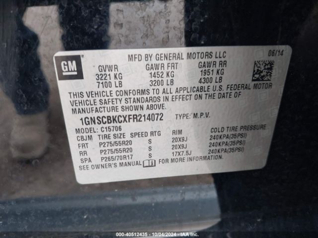 1GNSCBKCXFR214072 Chevrolet Tahoe Lt