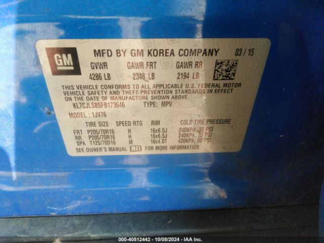 KL7CJLSB5FB173646 Chevrolet Trax Lt