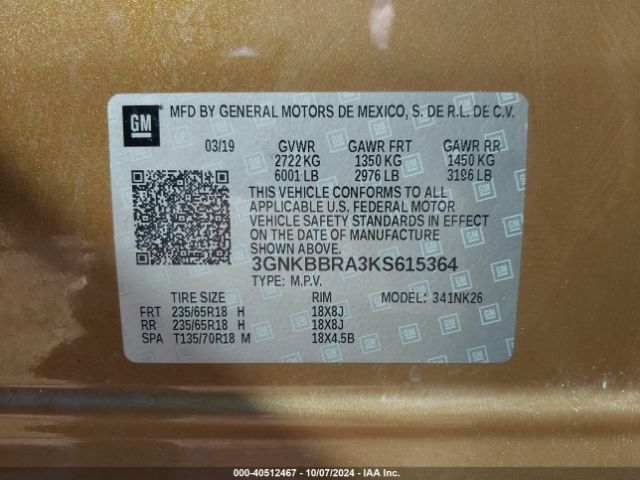 3GNKBBRA3KS615364 Chevrolet Blazer