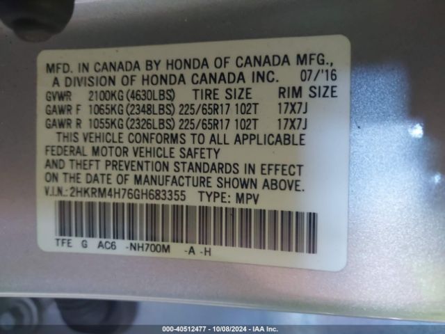 2HKRM4H76GH683355 Honda Cr-v Ex-l