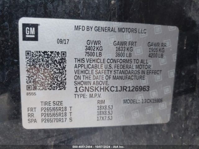 1GNSKHKC1JR126963 Chevrolet Suburban Lt