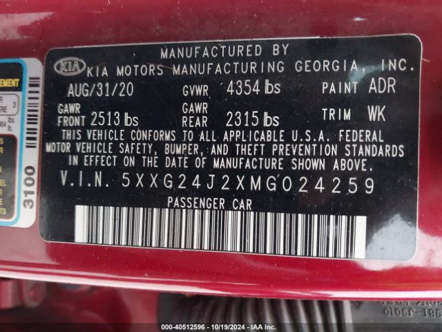 5XXG24J2XMG024259 KIA K5 LX