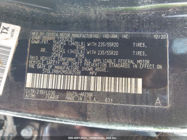 5TDLZRBH2MS082598 Toyota Highlander Xse