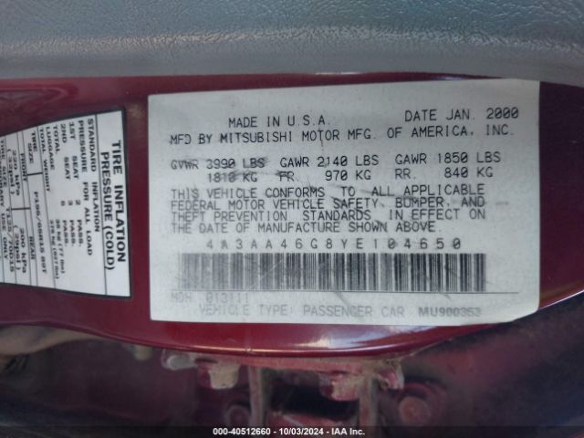 2000 MITSUBISHI GALANT 4A3AA46G8YE104650 Photo 8
