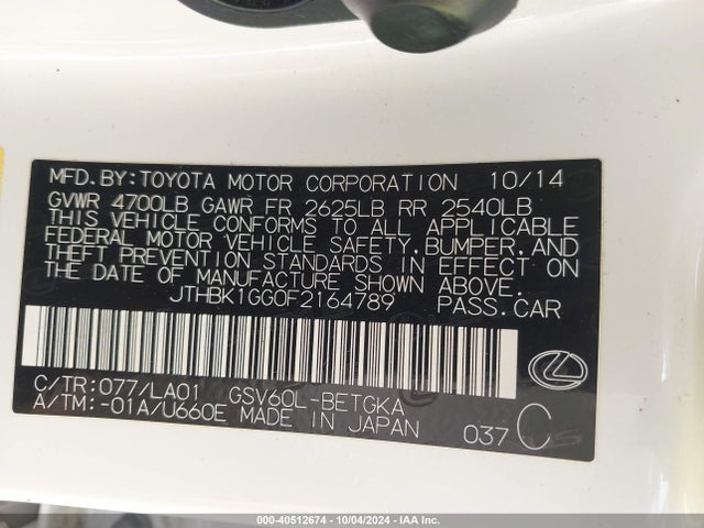 JTHBK1GG0F2164789 Lexus ES 350
