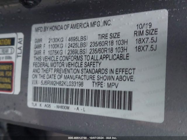 5J6RW2H82KL033198 Honda Cr-v Ex-l