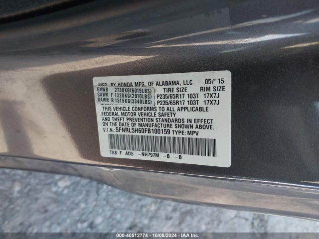Honda Odyssey Ex-l 2015 5FNRL5H60FB100159 Image 9