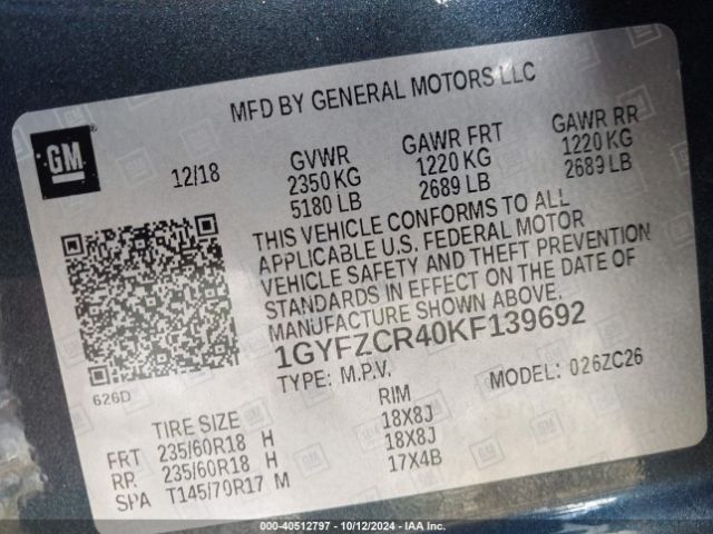 1GYFZCR40KF139692 Cadillac Xt4 Fwd Premium Luxury
