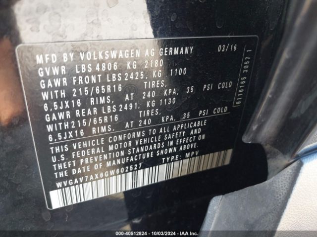 WVGAV7AX6GW602527 Volkswagen TIGUAN S