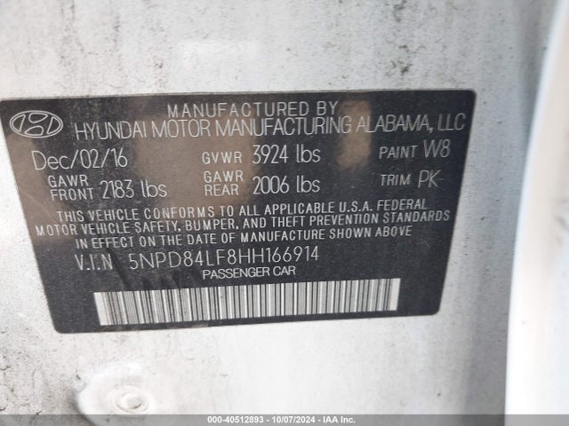 5NPD84LF8HH166914 Hyundai ELANTRA SE