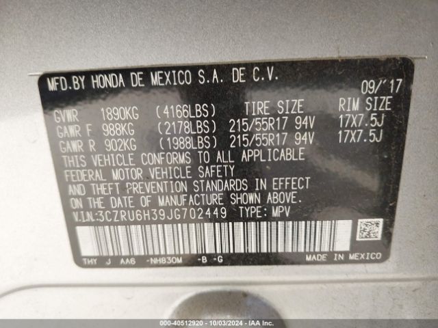 3CZRU6H39JG702449 Honda HR-V LX