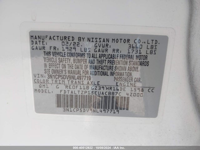 Nissan Kicks Sr Xtronic Cvt 2022 3N1CP5DV9NL497719 Image 9