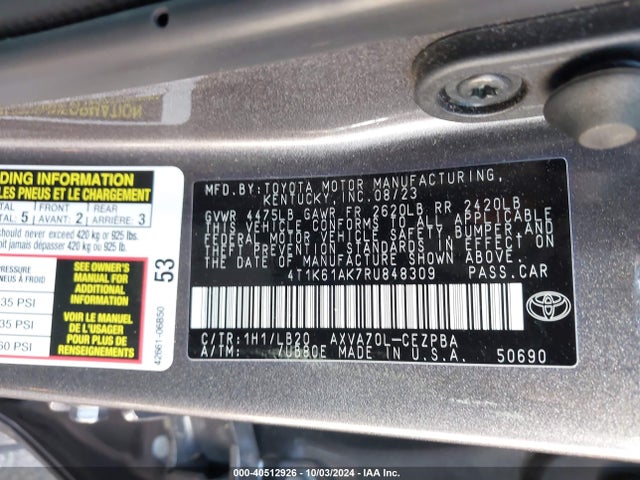 Toyota CAMRY XSE 2024 4T1K61AK7RU848309 Image 9