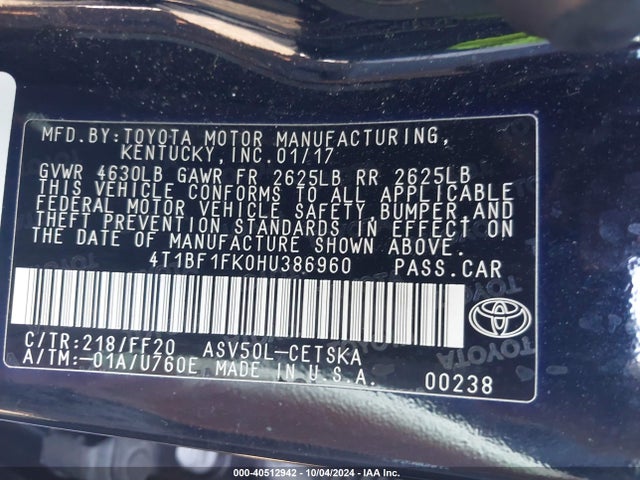 Toyota CAMRY SE 2017 4T1BF1FK0HU386960 Image 9
