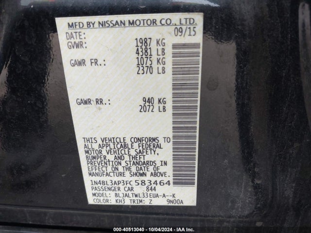 Nissan Altima 3.5 Sl 2015 1N4BL3AP3FC583464 Image 9