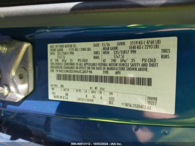 1FMCU9GD3HUC20716 Ford ESCAPE SE