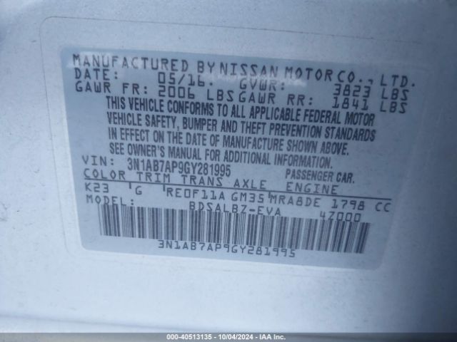 3N1AB7AP9GY281995 Nissan SENTRA S