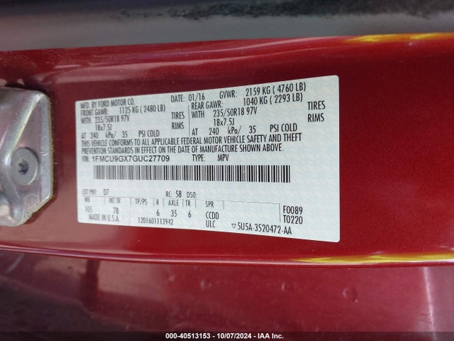 Ford ESCAPE SE 2016 1FMCU9GX7GUC27709 Image 9