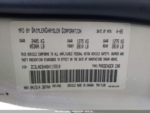 Aukcja sprzedaży 2006 Chrysler 300c, vin: 2C3LA63HX6H115910, numer aukcji: 40513246