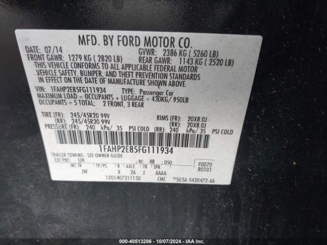 1FAHP2E85FG111934 Ford TAURUS SEL