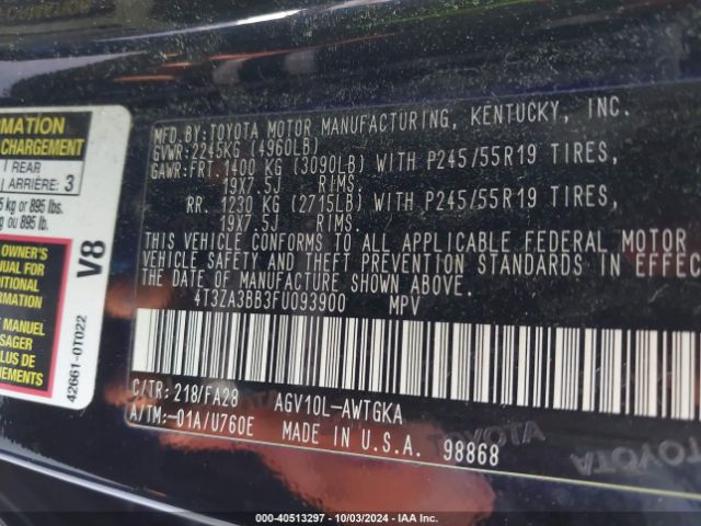 4T3ZA3BB3FU093900 Toyota VENZA LE