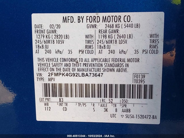 Ford EDGE SE 2020 2FMPK4G92LBA73647 Image 9