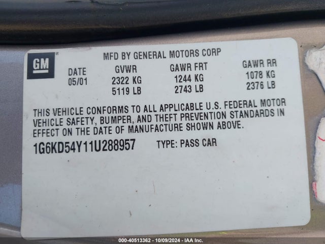 40513362 :رقم المزاد ، 1G6KD54Y11U288957 vin ، 2001 Cadillac Deville Standard مزاد بيع