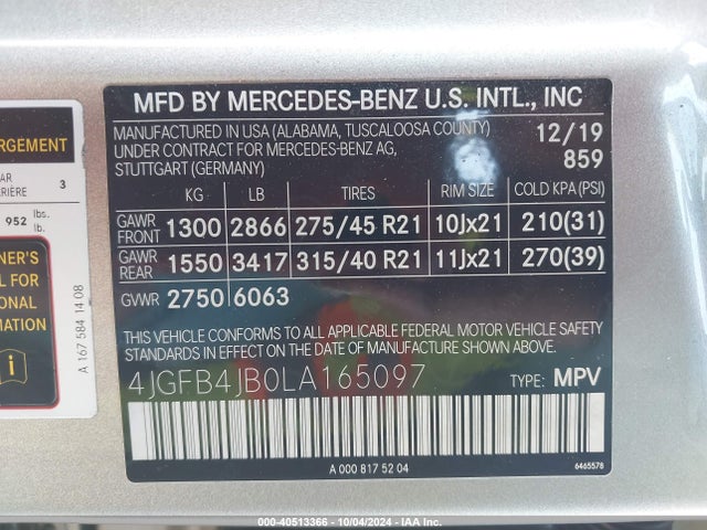 4JGFB4JB0LA165097 Mercedes-Benz GLE 350