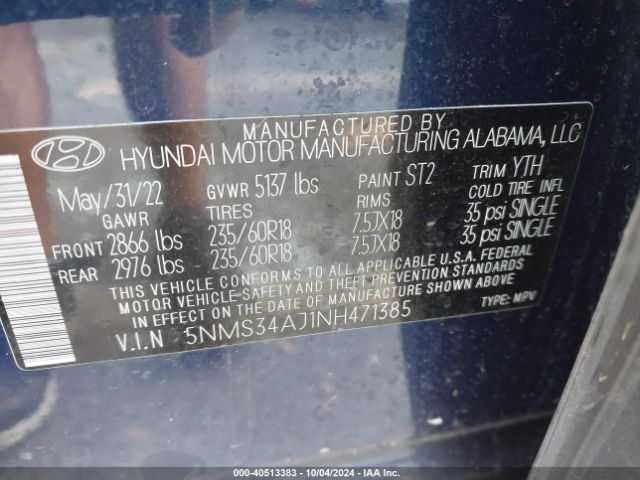 5NMS34AJ1NH471385 Hyundai Santa Fe Sel