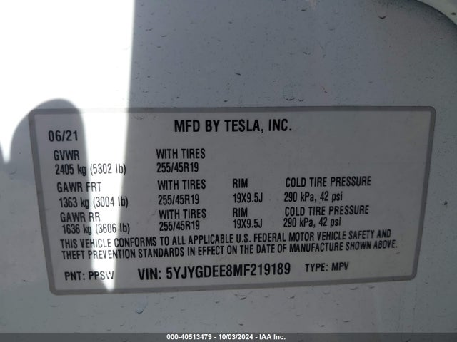 2021 TESLA MODEL Y 5YJYGDEE8MF219189 Photo 8