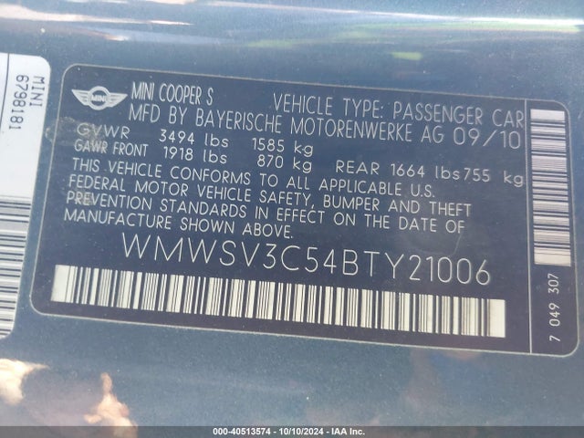 2011 MINI COOPER S WMWSV3C54BTY21006 Photo 8