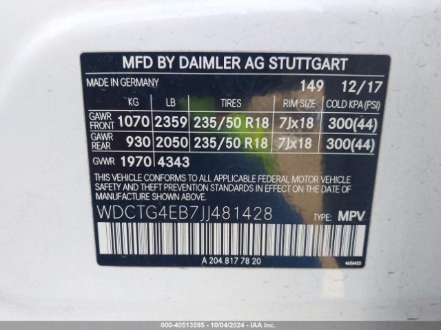WDCTG4EB7JJ481428 Mercedes-Benz GLA 250