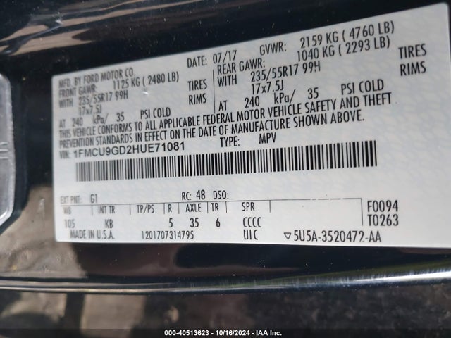 Ford ESCAPE SE 2017 1FMCU9GD2HUE71081 Image 9