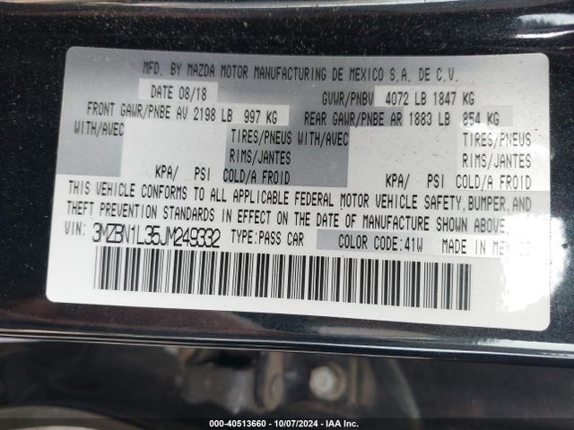 3MZBN1L35JM249332 Mazda Mazda3 Touring