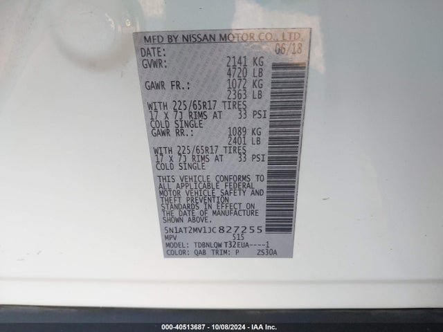 5N1AT2MV1JC827255 Nissan ROGUE SV