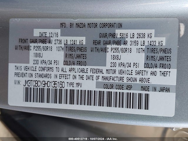 JM3TCBCY9H0135160 Mazda Cx-9 Touring