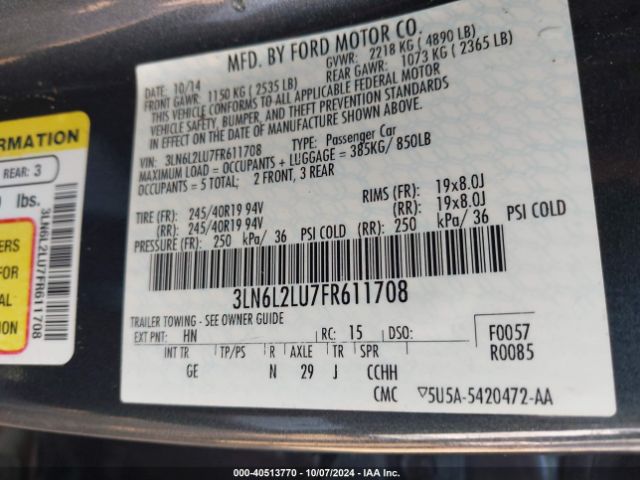 3LN6L2LU7FR611708 Lincoln MKZ HYBRID