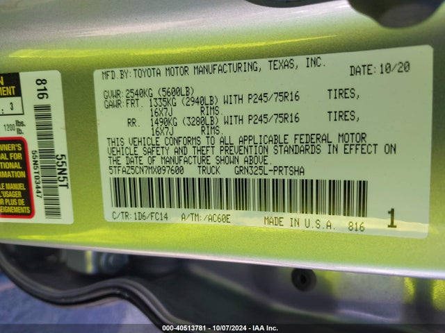 Toyota Tacoma Sr5 V6 2021 5TFAZ5CN7MX097600 Image 9