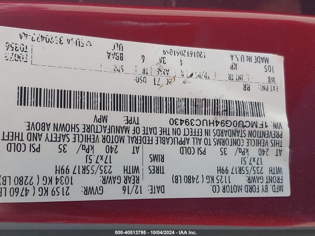 1FMCU0G94HUC39430 Ford ESCAPE SE