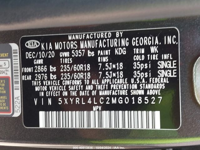 KIA SORENTO S 2021 5XYRL4LC2MG018527 Image 9