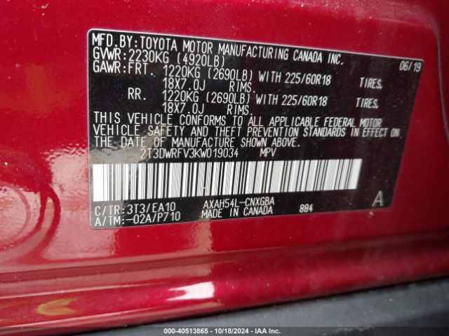 2T3DWRFV3KW019034 Toyota Rav4 Hybrid Limited