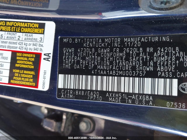 4T1AA1AB2MU003757 Toyota Avalon Xle Hybrid