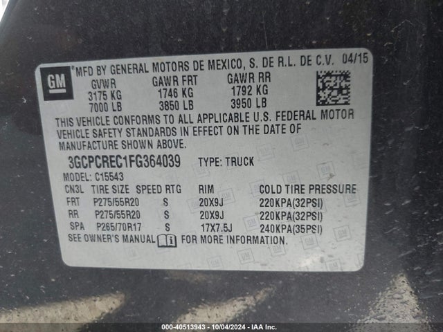 3GCPCREC1FG364039 Chevrolet Silverado 1500 1lt