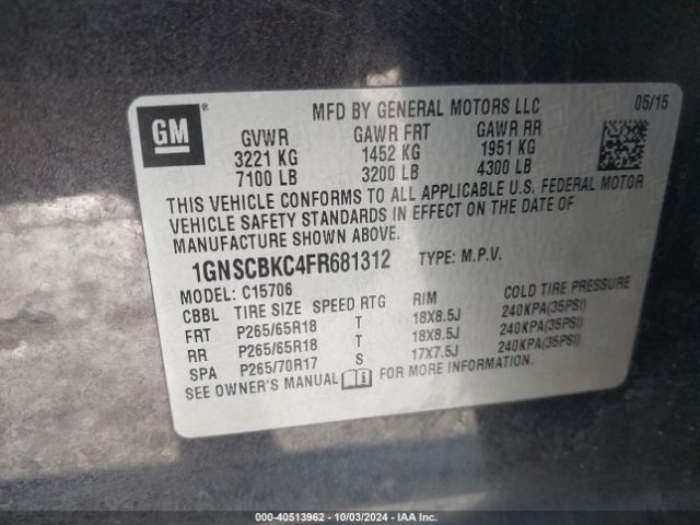 1GNSCBKC4FR681312 Chevrolet Tahoe Lt