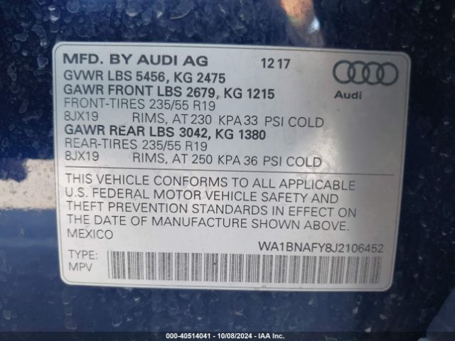 WA1BNAFY8J2106452 Audi Q5 2.0t Premium/2.0t Tech Premium