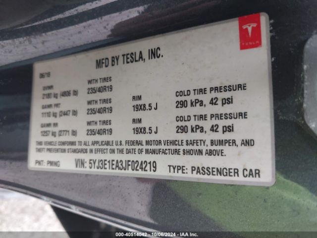 5YJ3E1EA3JF024219 Tesla Model 3 Long Range/mid Range