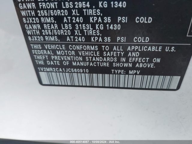1V2MR2CA1JC560910 Volkswagen Atlas 3.6l V6 Sel