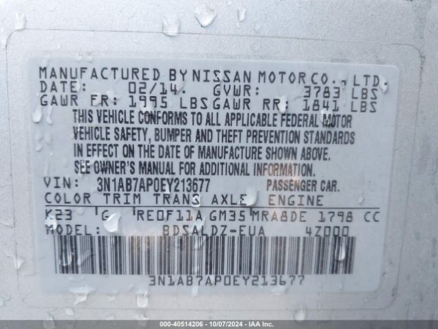 3N1AB7AP0EY213677 Nissan Sentra Fe+ S/fe+ Sv/s/sl/sr/sv