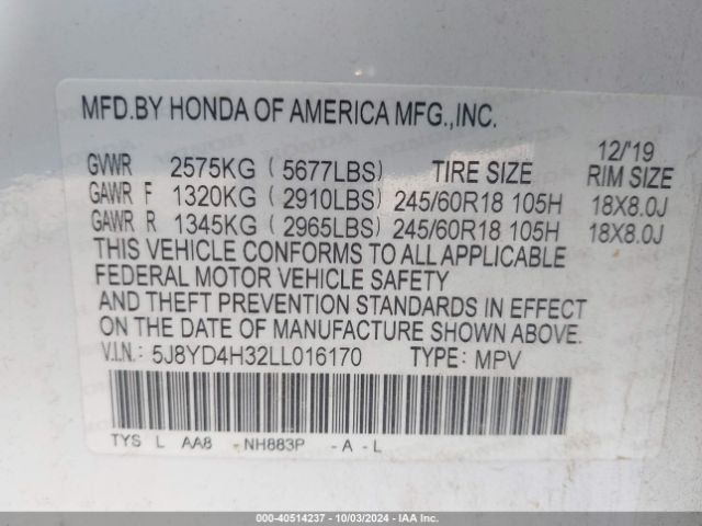 5J8YD4H32LL016170 Acura Mdx Standard