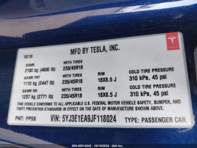 5YJ3E1EA9JF118024 Tesla Model 3 Long Range/mid Range